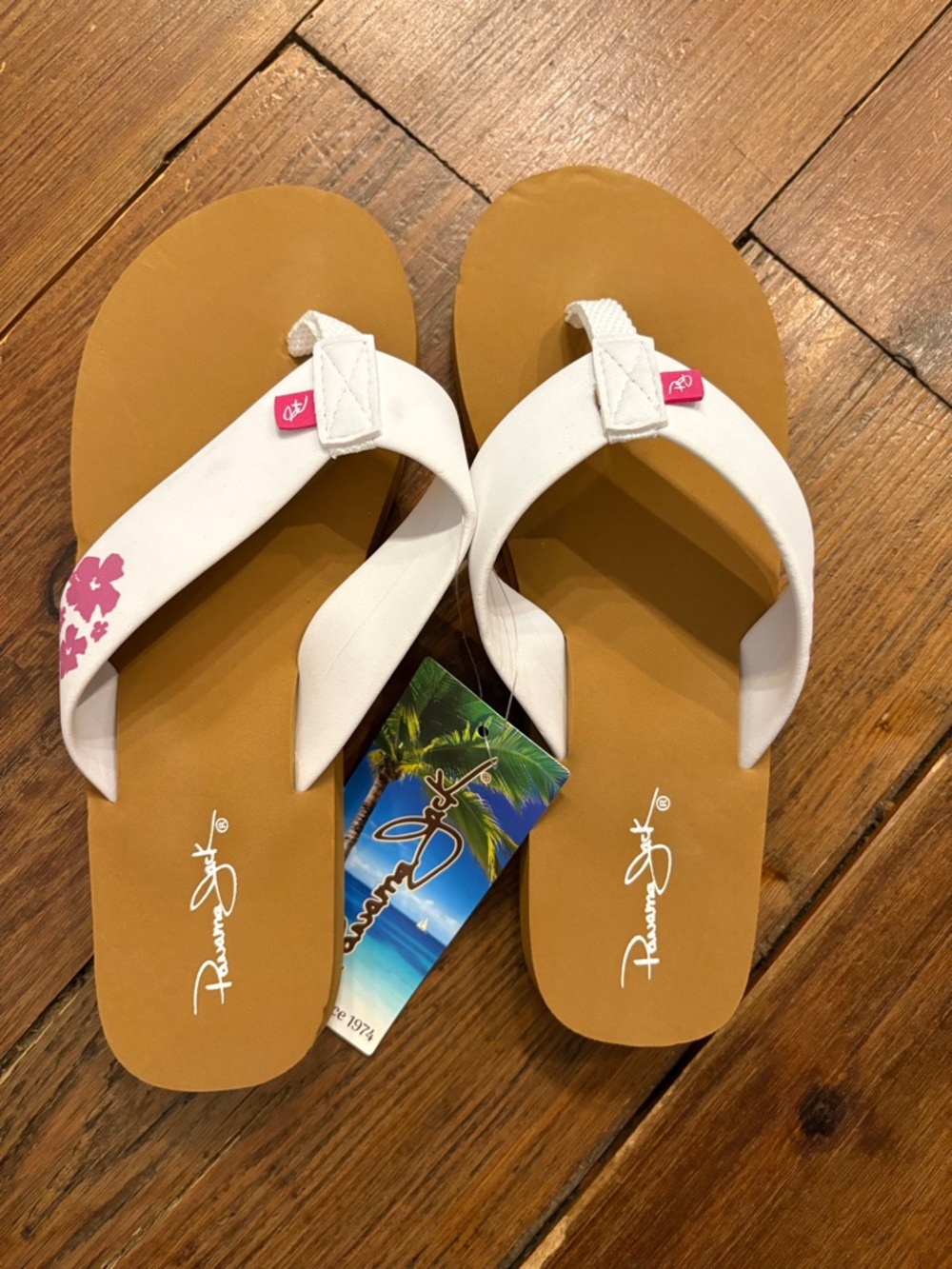 Panama Jack White and Tan Flip Flop Sandals with Pink Accent